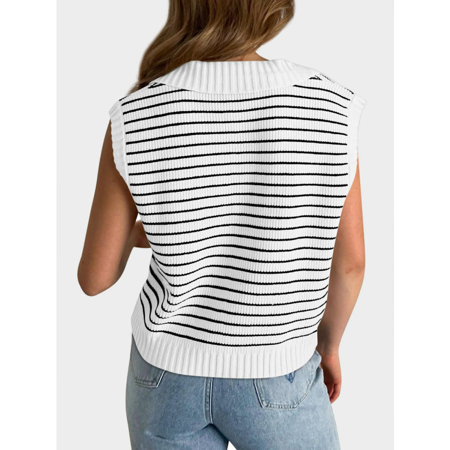 Mandy Collared Neck Striped Sweater Vest White / S Apparel and Accessories