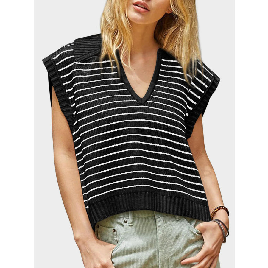 Mandy Collared Neck Striped Sweater Vest Apparel and Accessories