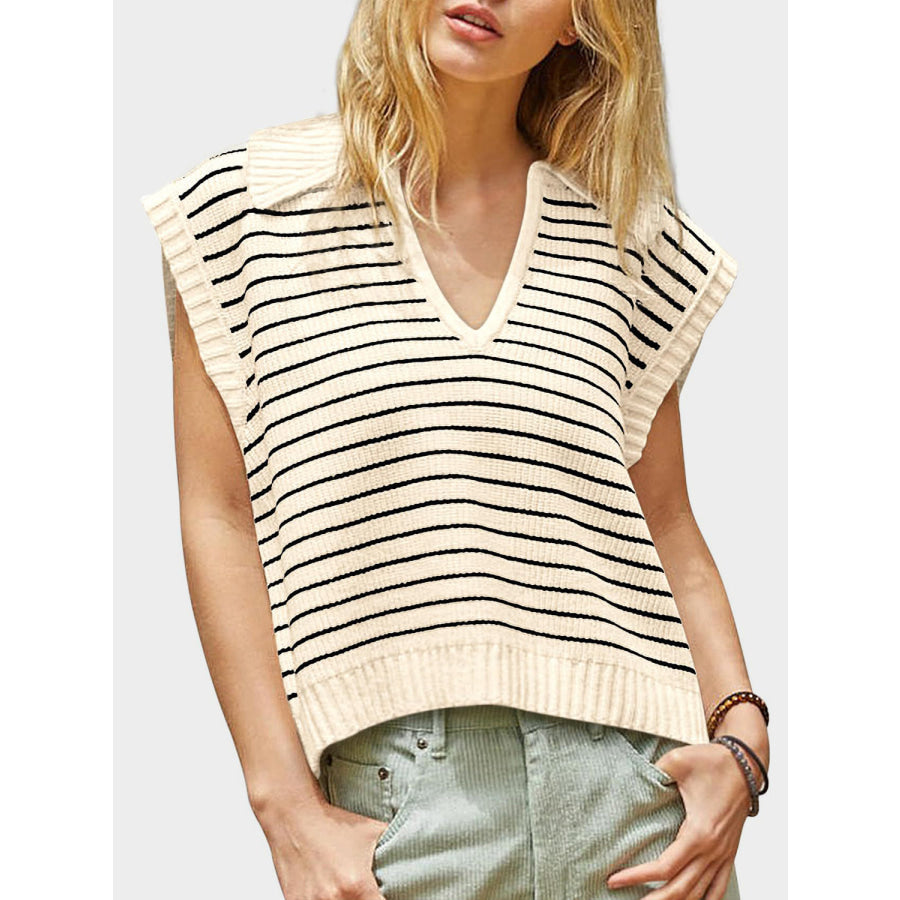 Mandy Collared Neck Striped Sweater Vest Apparel and Accessories