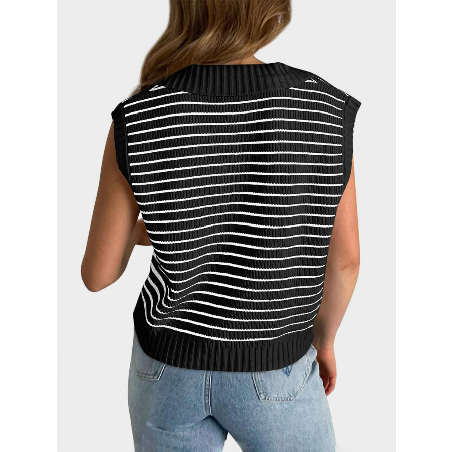 Mandy Collared Neck Striped Sweater Vest Apparel and Accessories