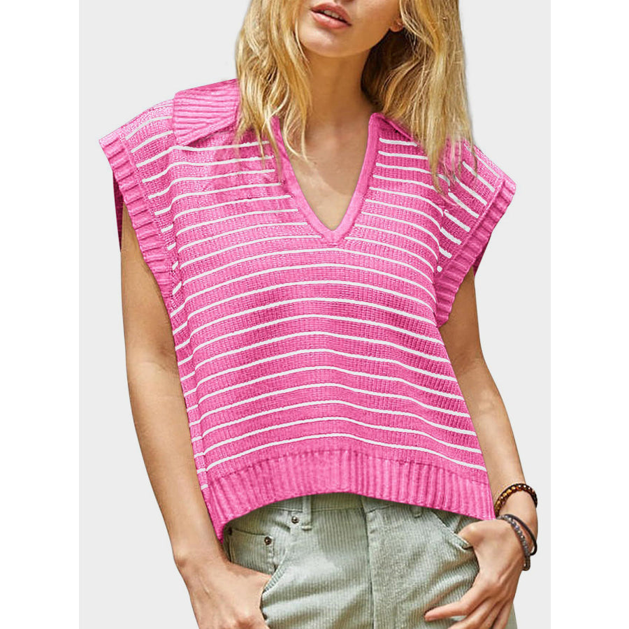 Mandy Collared Neck Striped Sweater Vest Apparel and Accessories