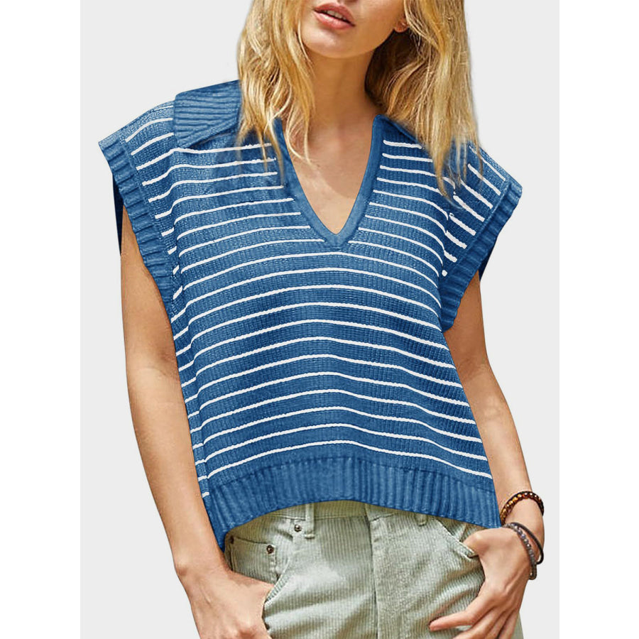 Mandy Collared Neck Striped Sweater Vest Apparel and Accessories