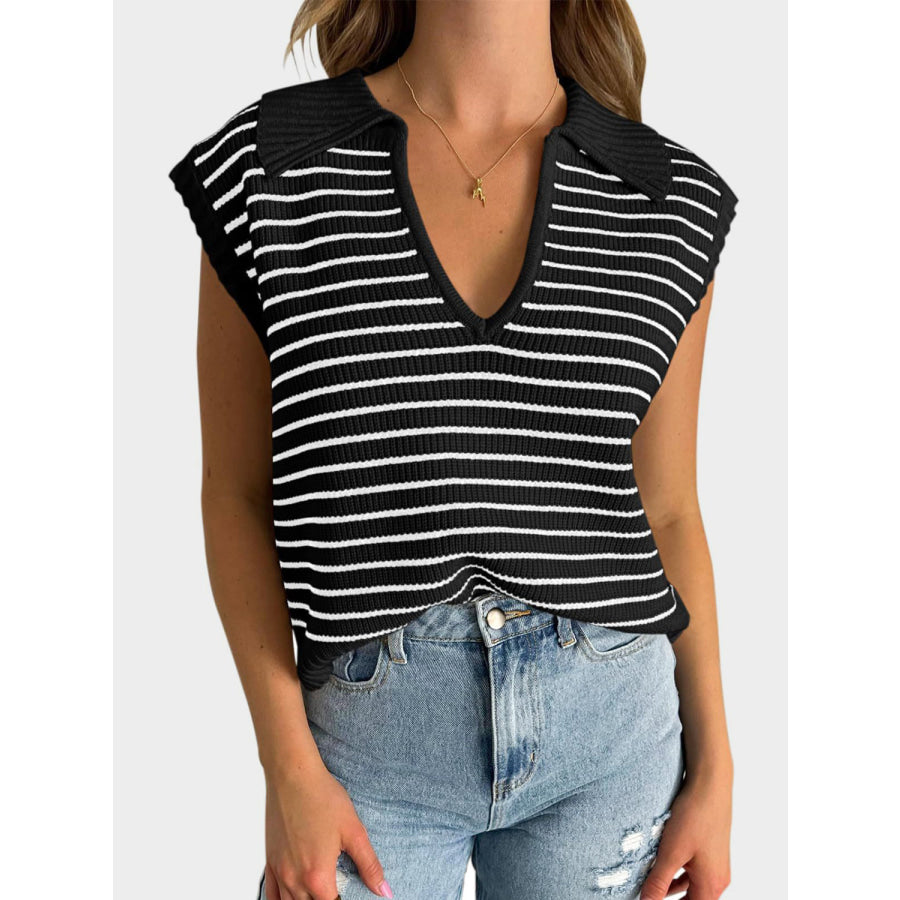 Mandy Collared Neck Striped Sweater Vest Black / S Apparel and Accessories