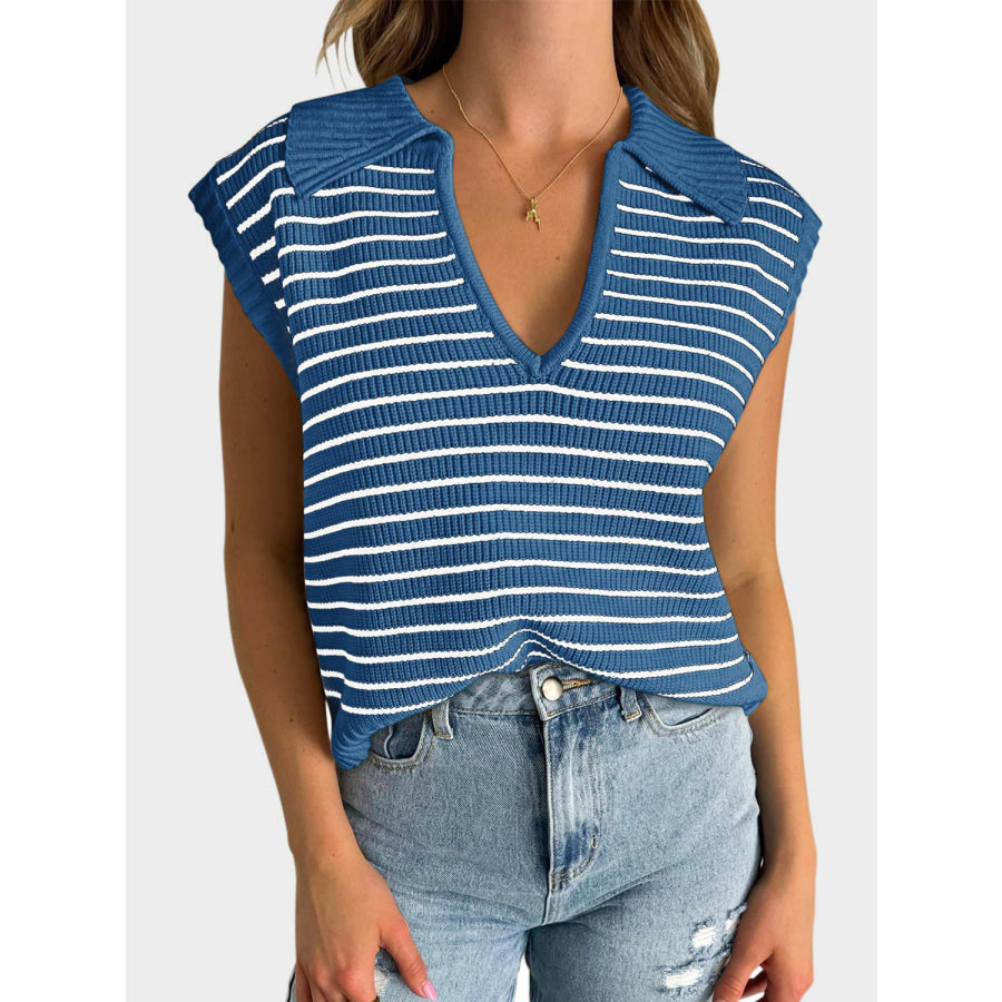 Mandy Collared Neck Striped Sweater Vest Blue / S Apparel and Accessories