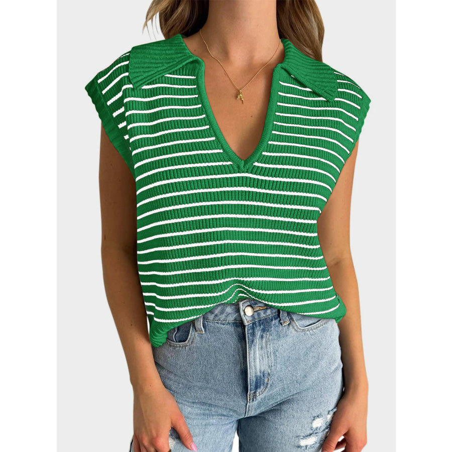 Mandy Collared Neck Striped Sweater Vest Green / S Apparel and Accessories