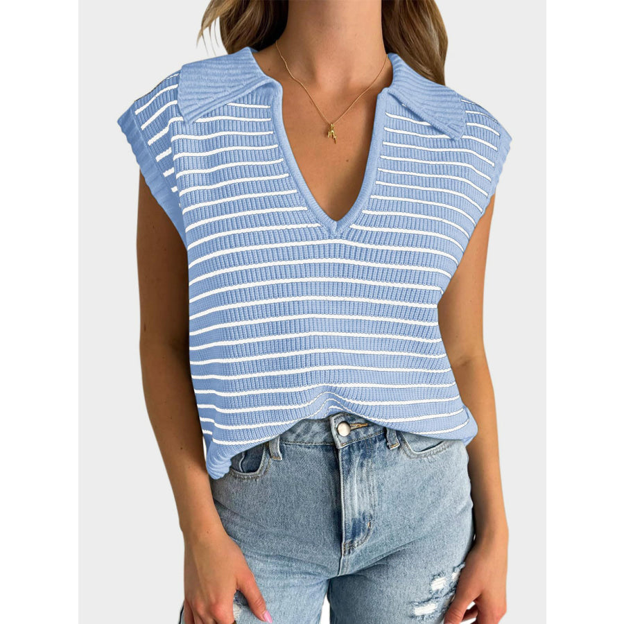 Mandy Collared Neck Striped Sweater Vest Light Blue / S Apparel and Accessories