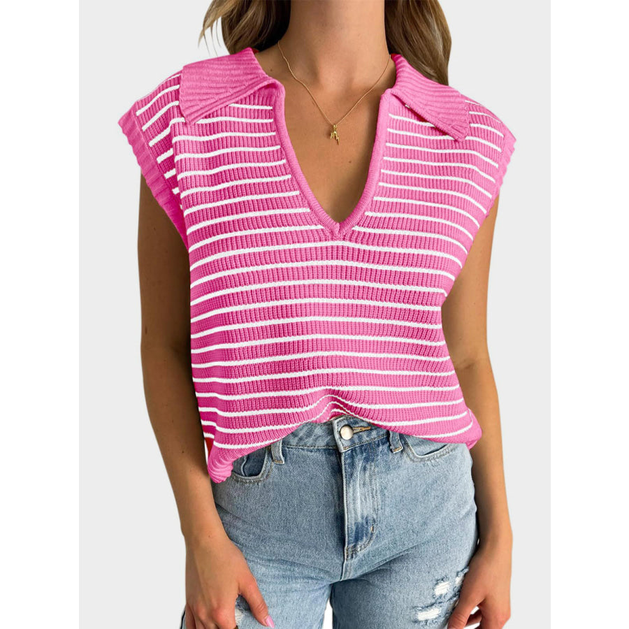 Mandy Collared Neck Striped Sweater Vest Pink / S Apparel and Accessories