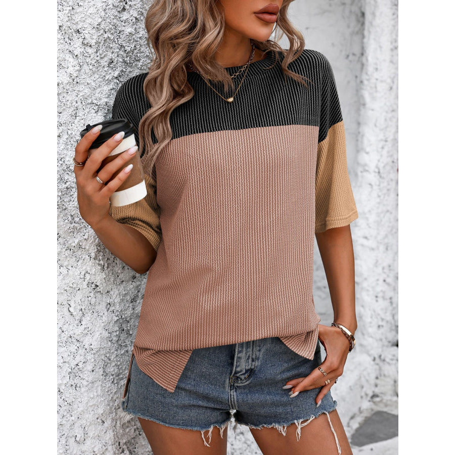 Mandy Color Block Round Neck Half Sleeve T-Shirt Black/Camel / S Apparel and Accessories
