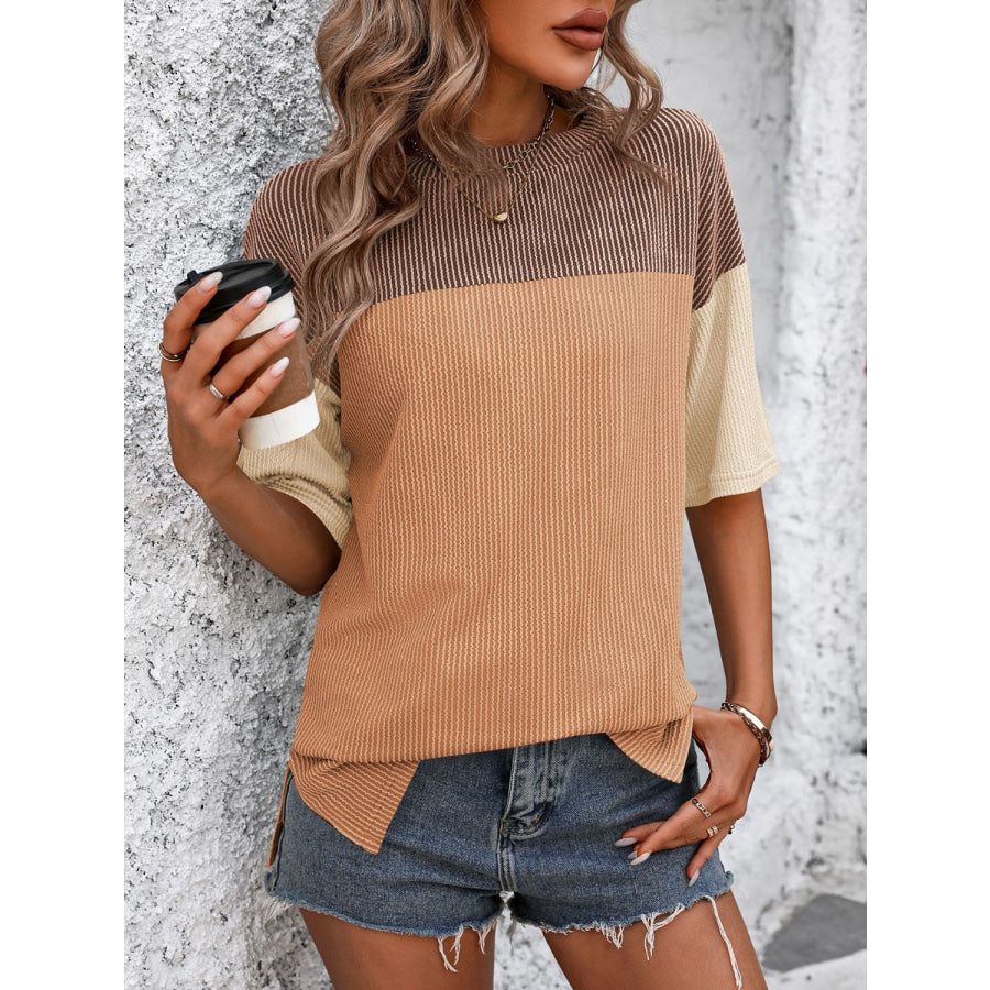 Mandy Color Block Round Neck Half Sleeve T-Shirt Camel/Orange / S Apparel and Accessories
