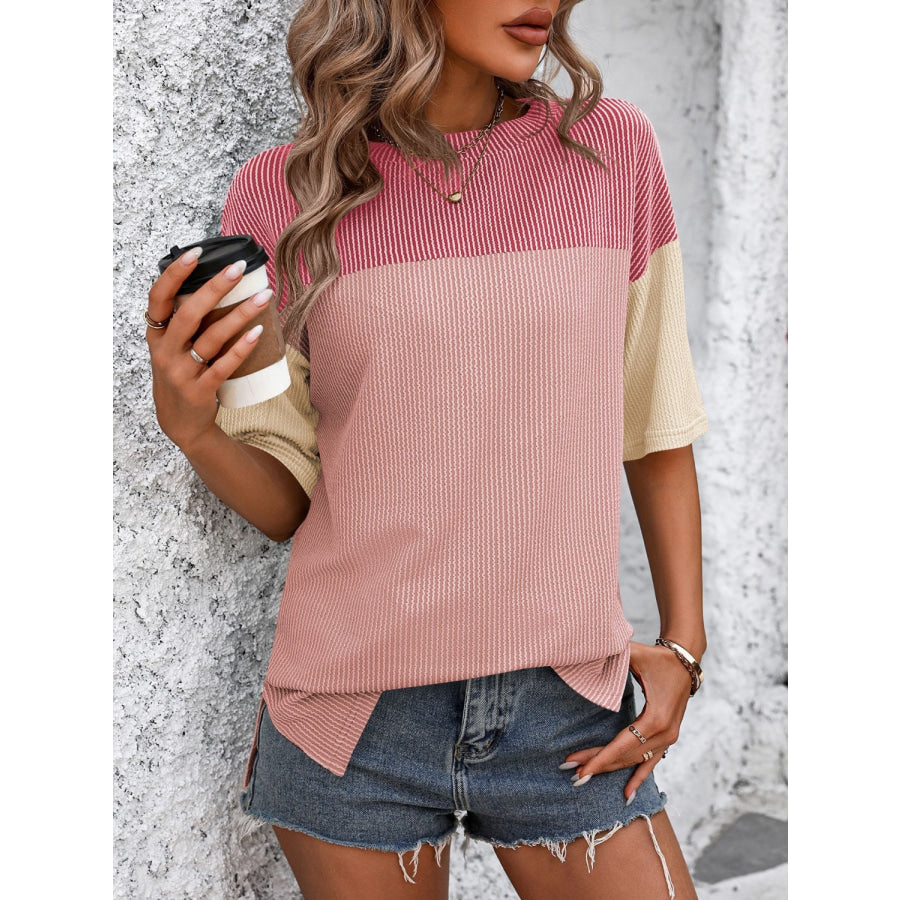 Mandy Color Block Round Neck Half Sleeve T-Shirt Deep Rose/Pink / S Apparel and Accessories