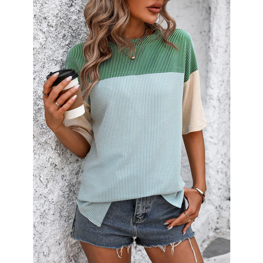 Mandy Color Block Round Neck Half Sleeve T-Shirt Green/Blue / S Apparel and Accessories