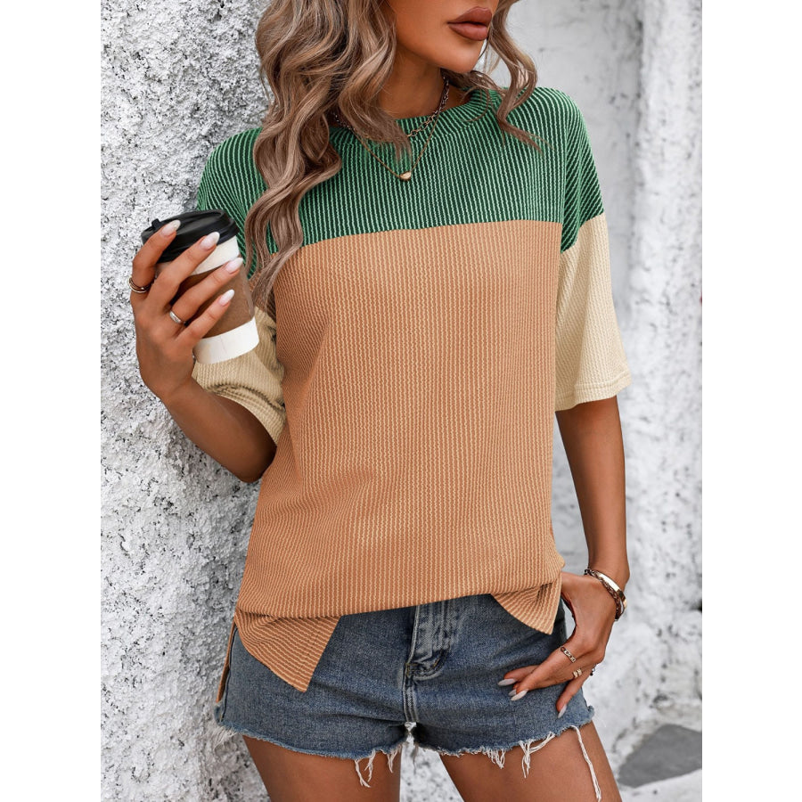 Mandy Color Block Round Neck Half Sleeve T-Shirt Green/Orange / S Apparel and Accessories