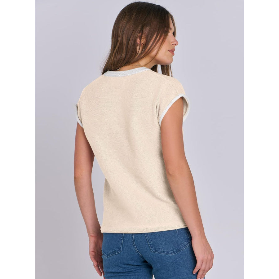 Mandy Contrast Round Neck Cap Sleeve Sweater Apparel and Accessories