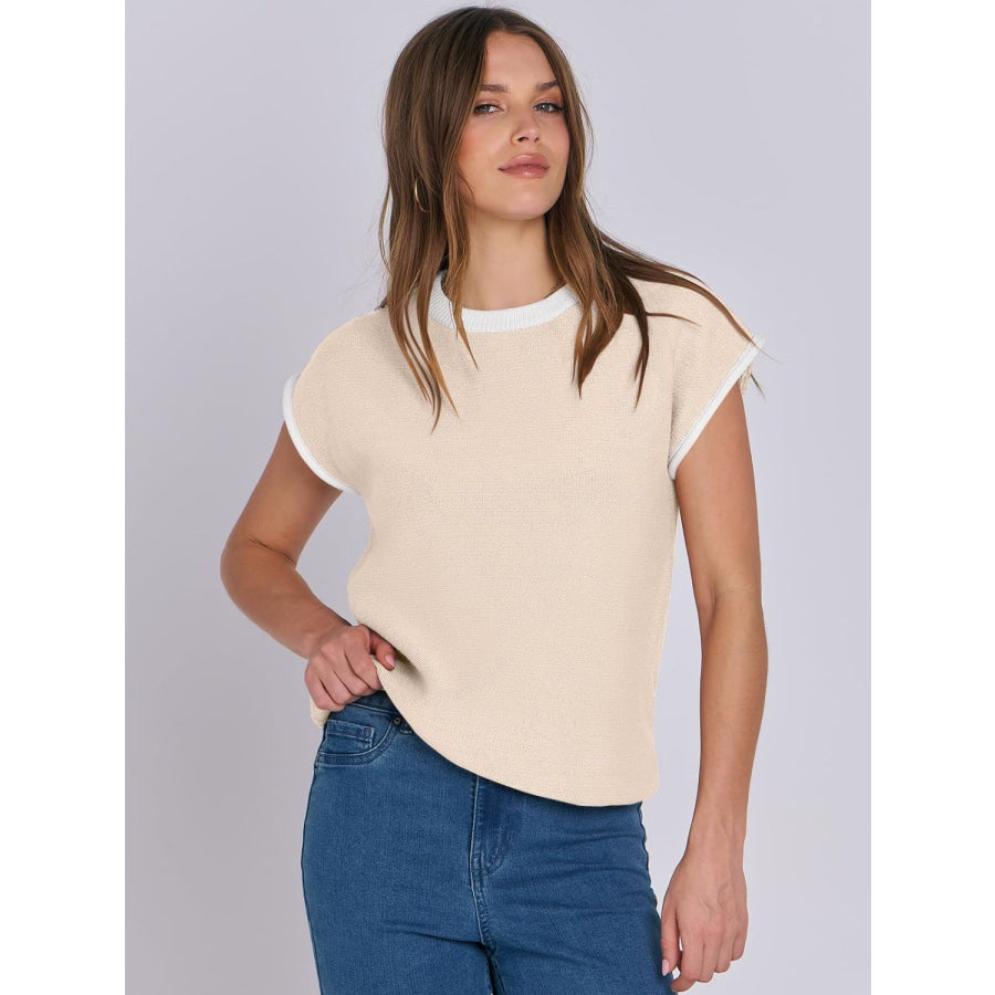 Mandy Contrast Round Neck Cap Sleeve Sweater Apparel and Accessories