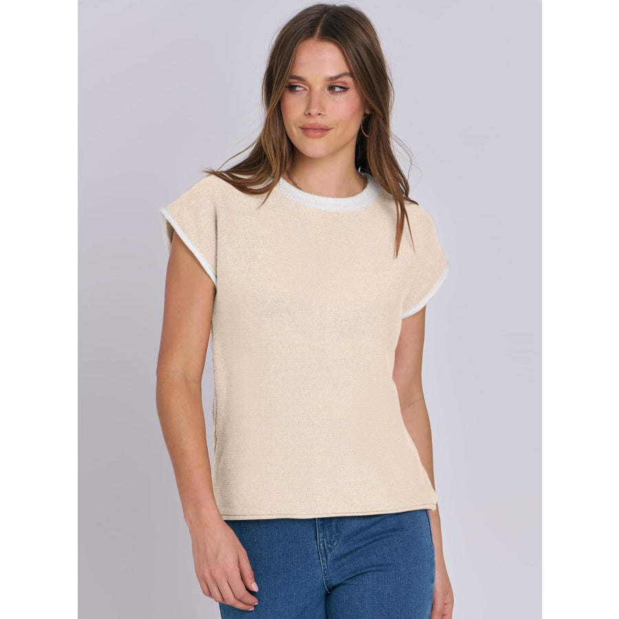 Mandy Contrast Round Neck Cap Sleeve Sweater Tan / S Apparel and Accessories