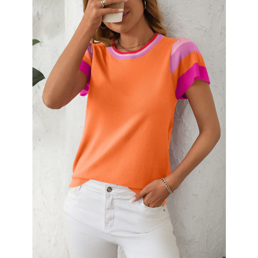 Mandy Contrast Round Neck Short Sleeve Knit Top Apparel and Accessories