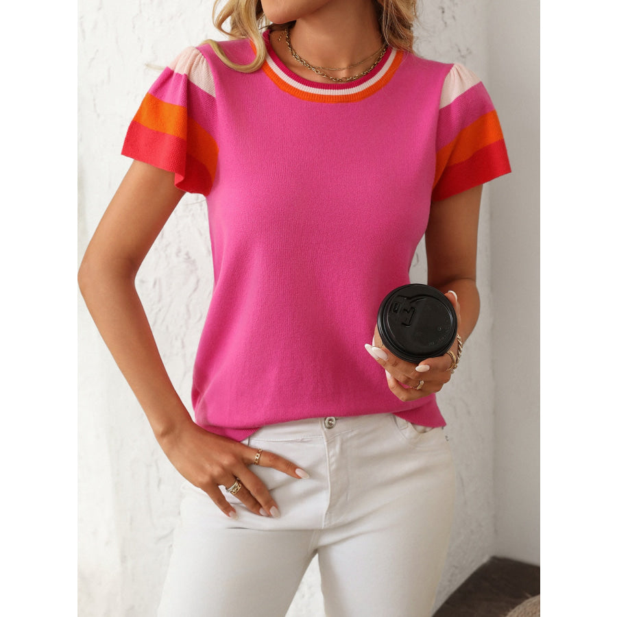 Mandy Contrast Round Neck Short Sleeve Knit Top Apparel and Accessories