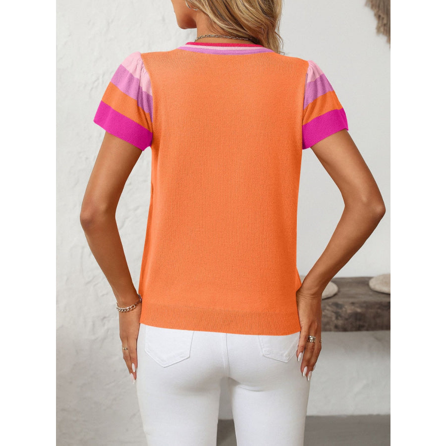 Mandy Contrast Round Neck Short Sleeve Knit Top Apparel and Accessories