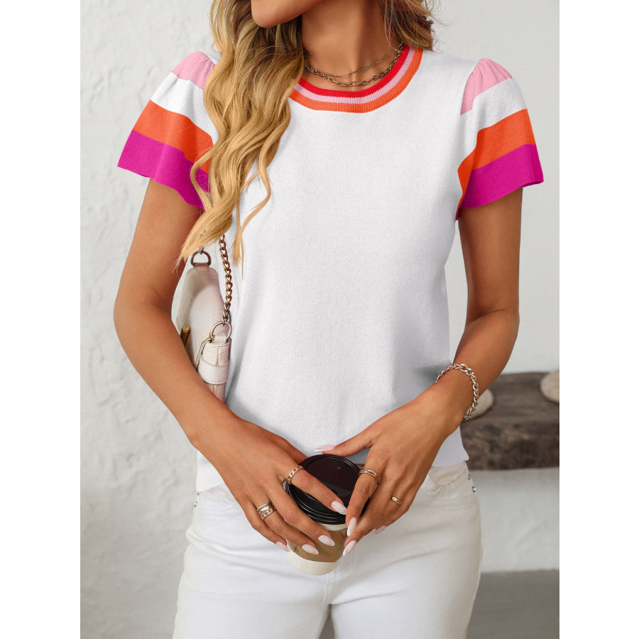 Mandy Contrast Round Neck Short Sleeve Knit Top Apparel and Accessories