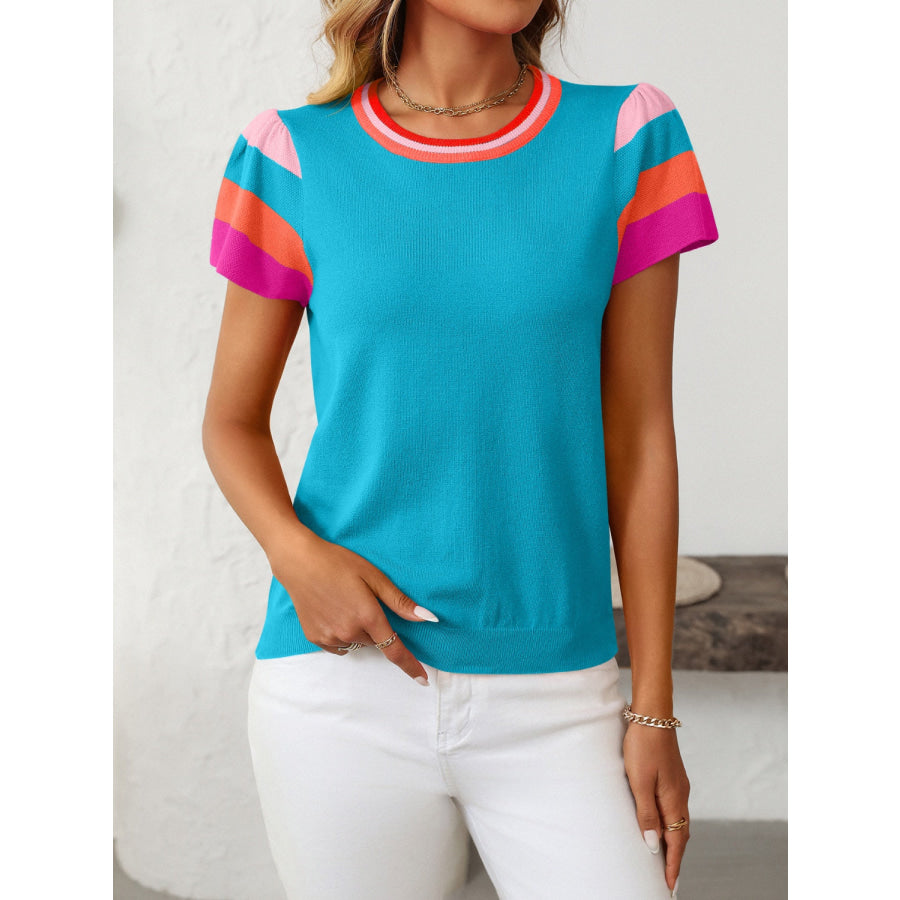 Mandy Contrast Round Neck Short Sleeve Knit Top Apparel and Accessories