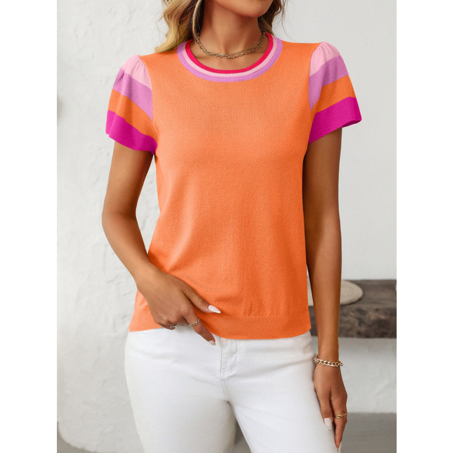 Mandy Contrast Round Neck Short Sleeve Knit Top Apparel and Accessories