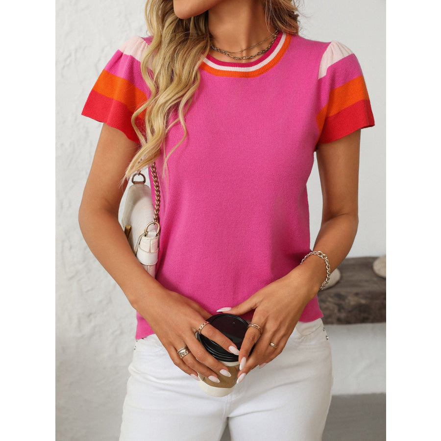 Mandy Contrast Round Neck Short Sleeve Knit Top Hot Pink / S Apparel and Accessories