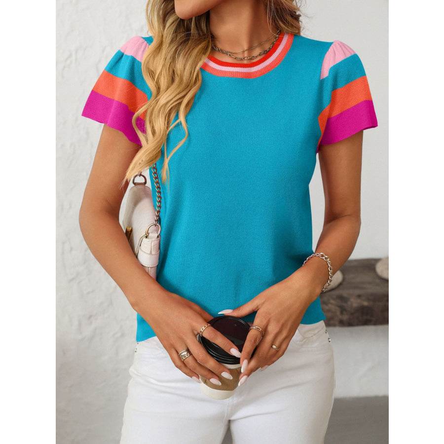 Mandy Contrast Round Neck Short Sleeve Knit Top Sky Blue / S Apparel and Accessories