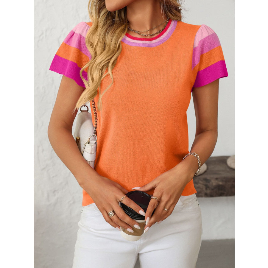 Mandy Contrast Round Neck Short Sleeve Knit Top Tangerine / S Apparel and Accessories