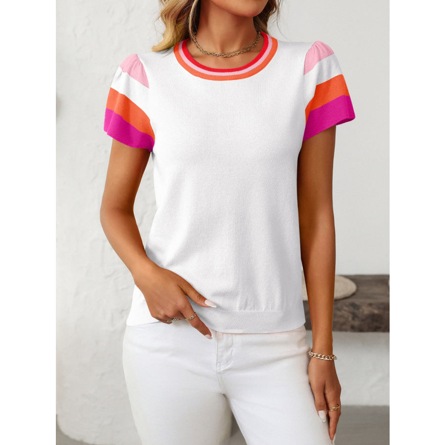 Mandy Contrast Round Neck Short Sleeve Knit Top White / S Apparel and Accessories