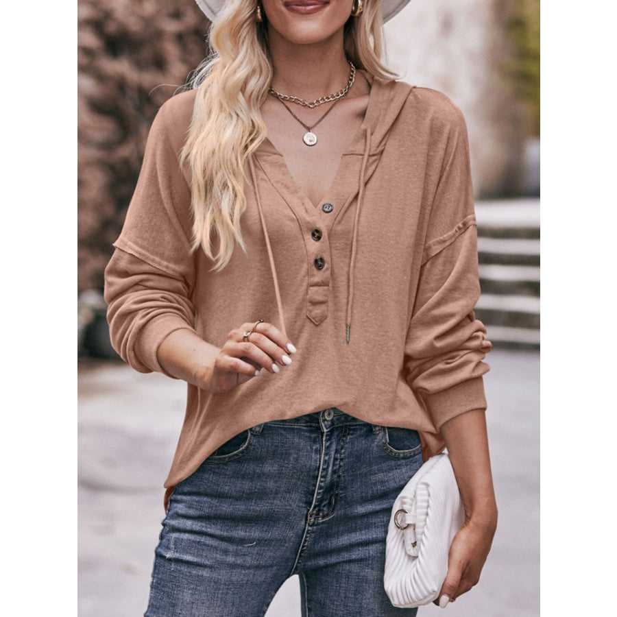 Mandy Drawstring Drop Shoulder Long Sleeve Hoodie Taupe / S Apparel and Accessories