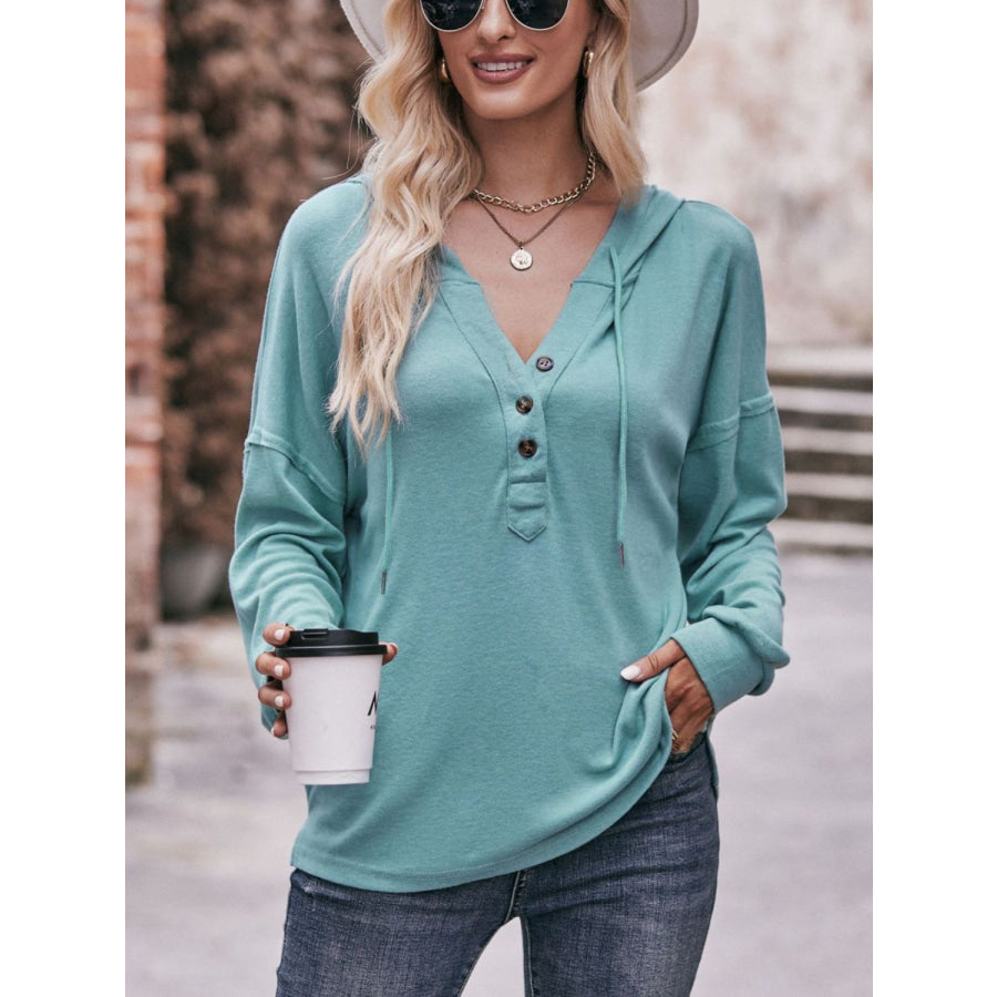 Mandy Drawstring Drop Shoulder Long Sleeve Hoodie Teal / S Apparel and Accessories