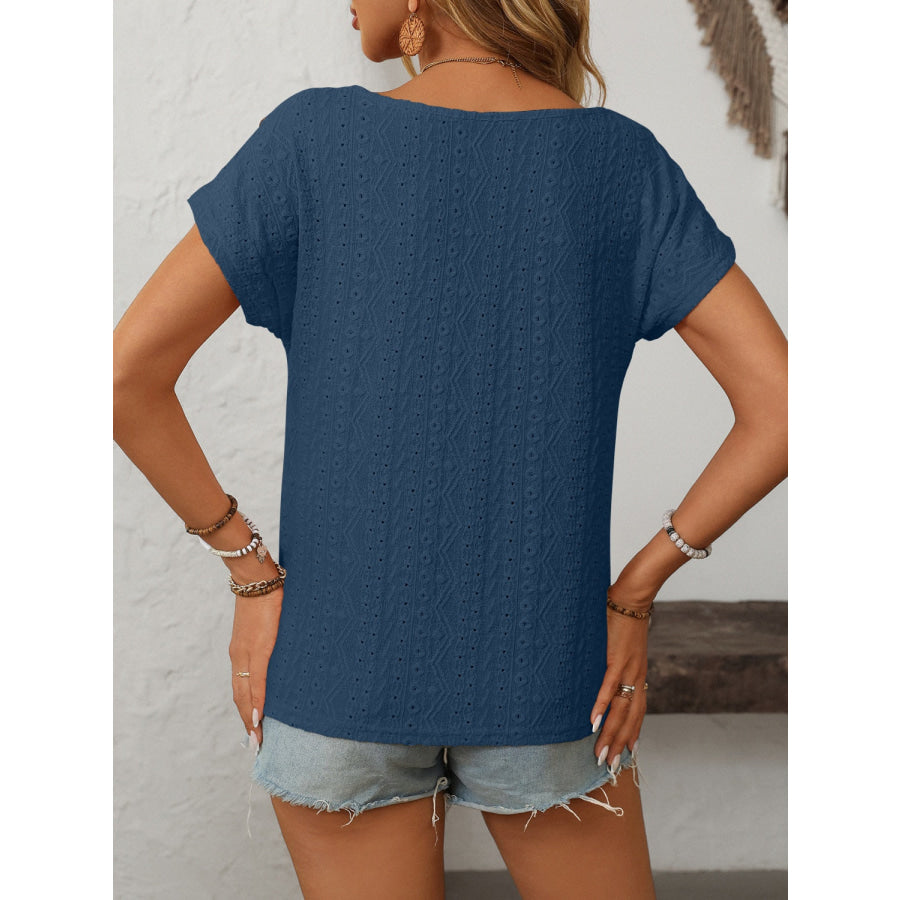 Mandy Eyelet Round Neck Short Sleeve Top Apparel and Accessories