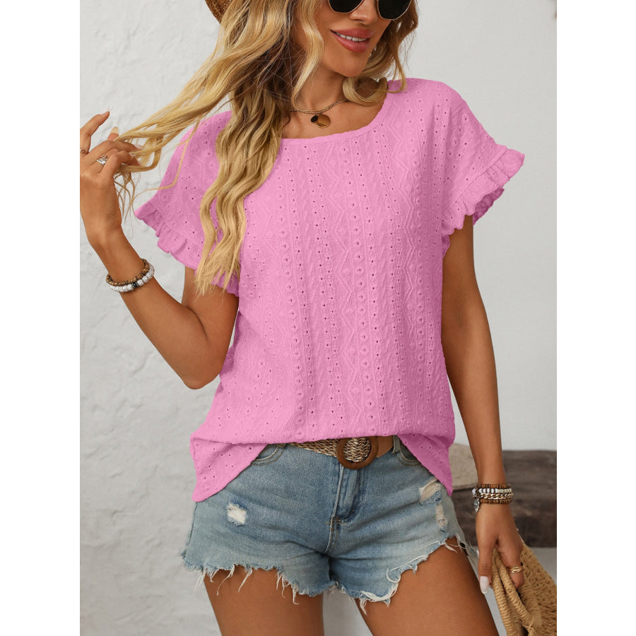 Mandy Eyelet Round Neck Short Sleeve Top Apparel and Accessories