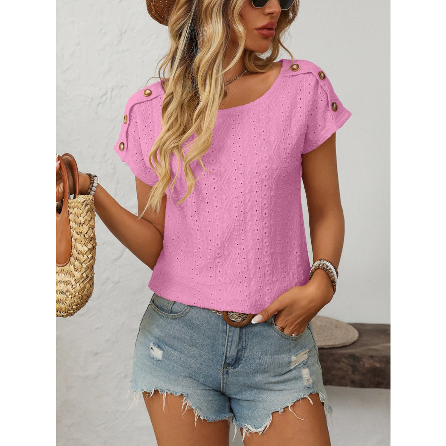 Mandy Eyelet Round Neck Short Sleeve Top Apparel and Accessories