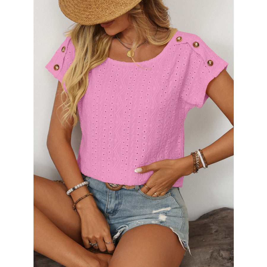 Mandy Eyelet Round Neck Short Sleeve Top Apparel and Accessories