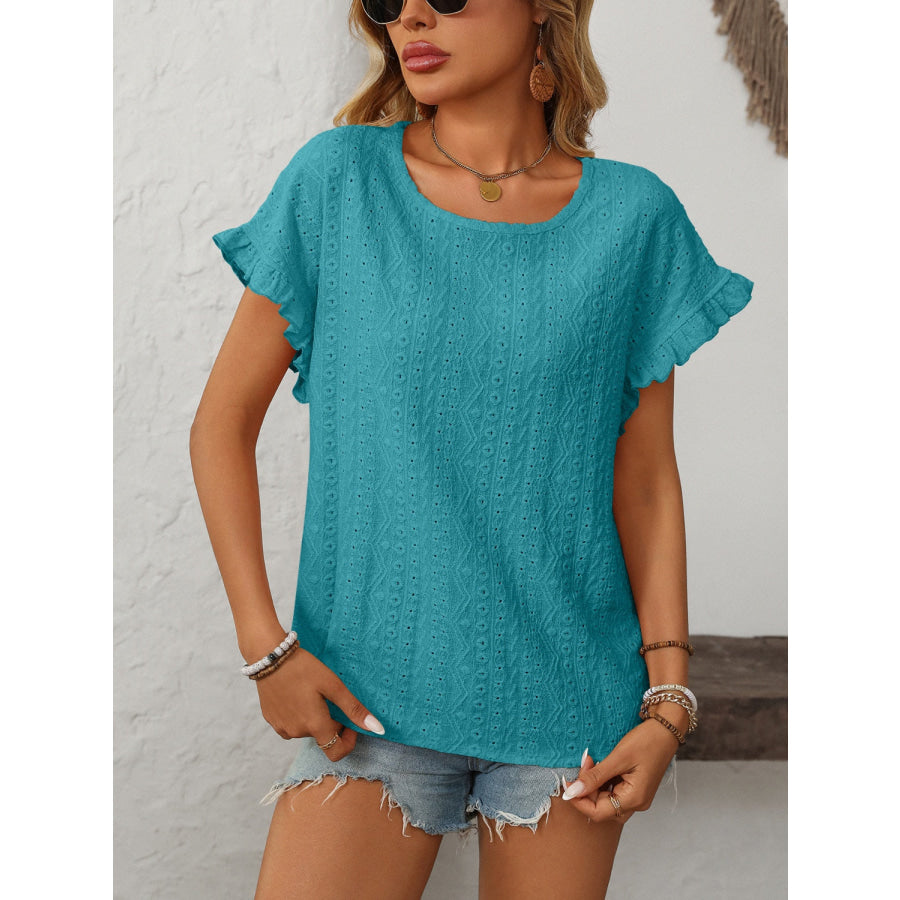 Mandy Eyelet Round Neck Short Sleeve Top Apparel and Accessories