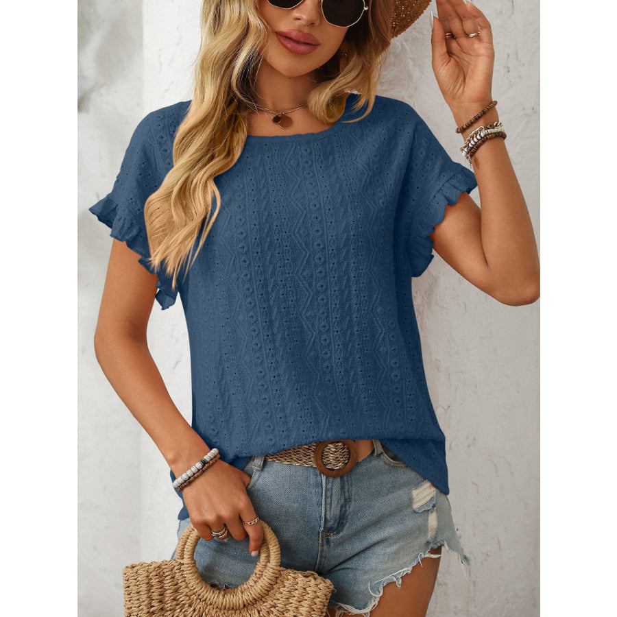 Mandy Eyelet Round Neck Short Sleeve Top Apparel and Accessories