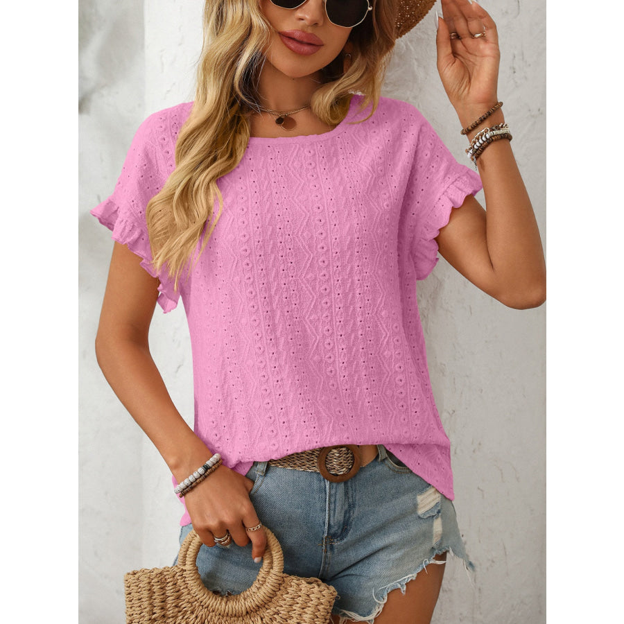 Mandy Eyelet Round Neck Short Sleeve Top Apparel and Accessories