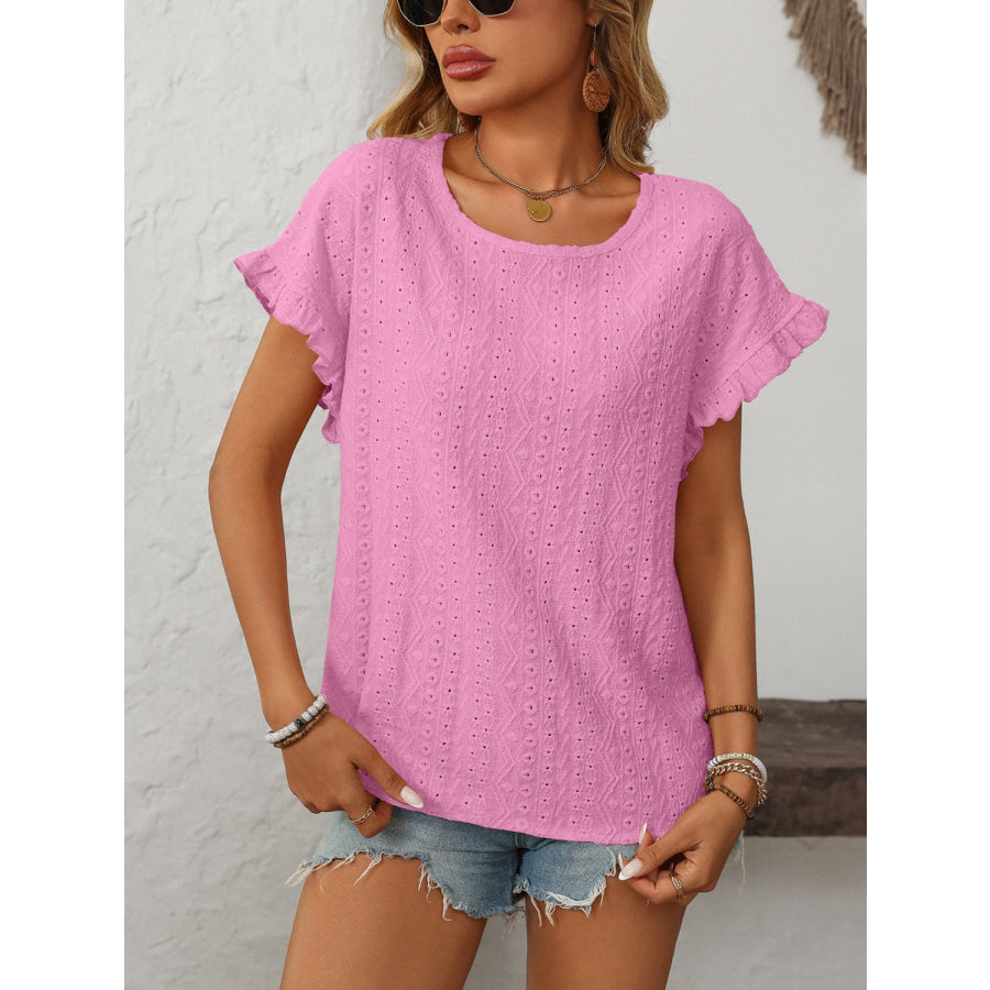 Mandy Eyelet Round Neck Short Sleeve Top Apparel and Accessories