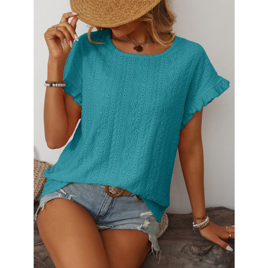 Mandy Eyelet Round Neck Short Sleeve Top Apparel and Accessories