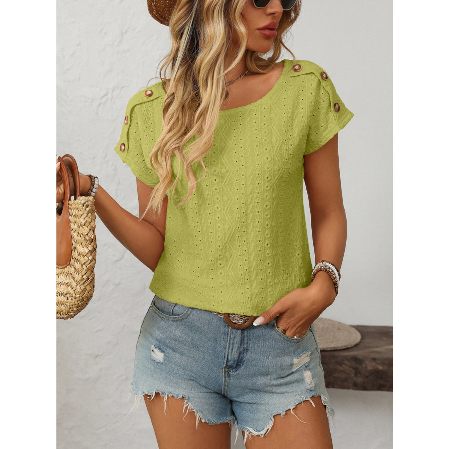 Mandy Eyelet Round Neck Short Sleeve Top Apparel and Accessories