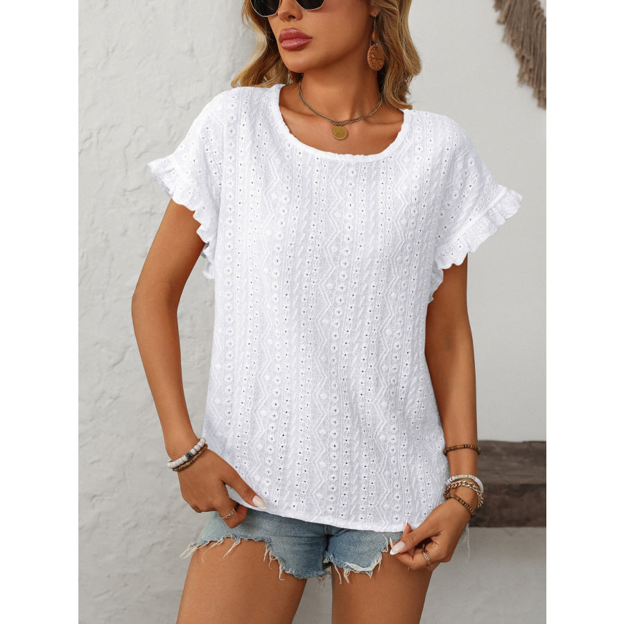 Mandy Eyelet Round Neck Short Sleeve Top Apparel and Accessories