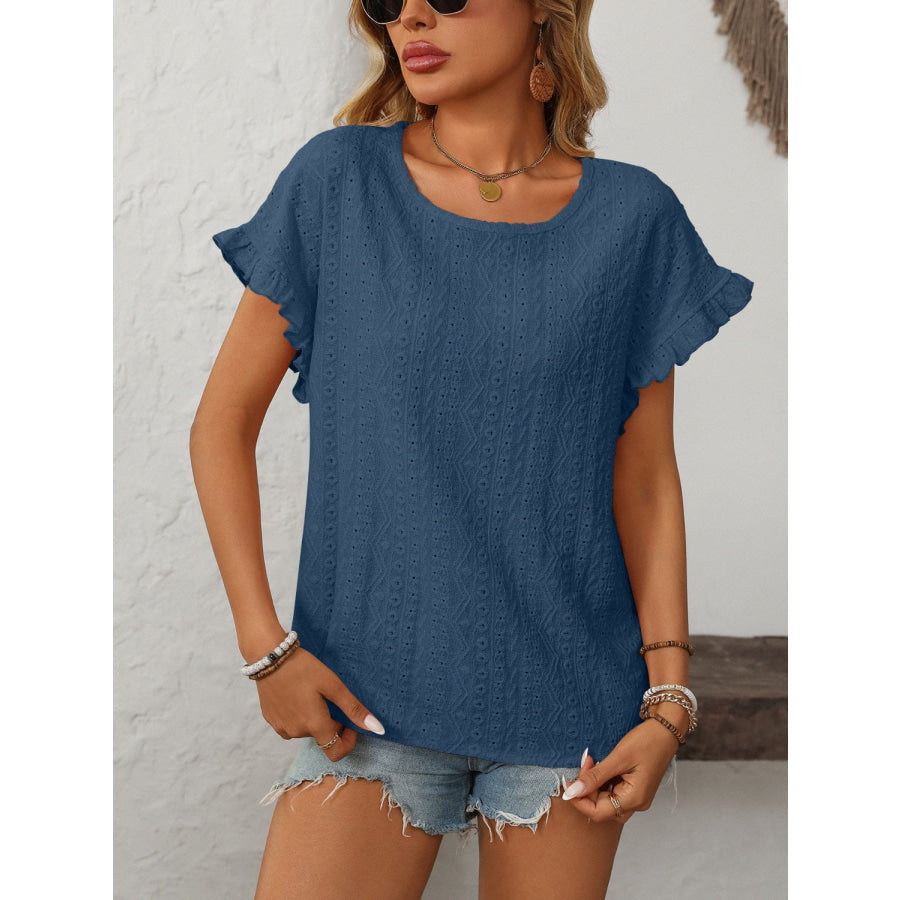 Mandy Eyelet Round Neck Short Sleeve Top Apparel and Accessories