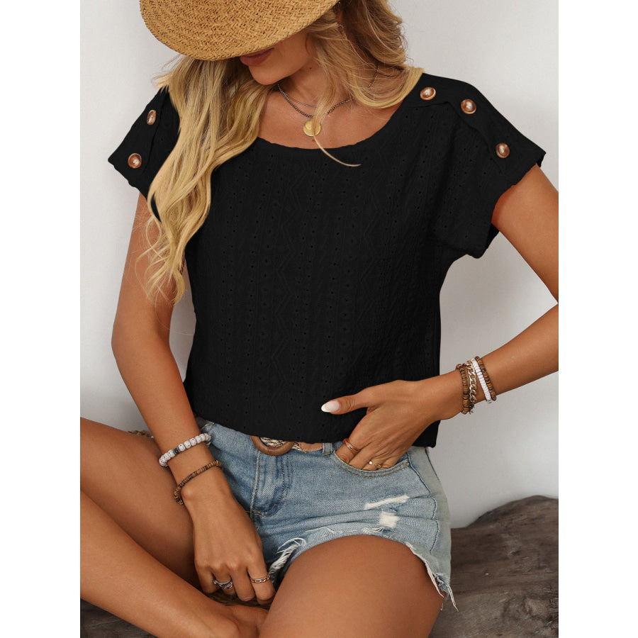 Mandy Eyelet Round Neck Short Sleeve Top Apparel and Accessories