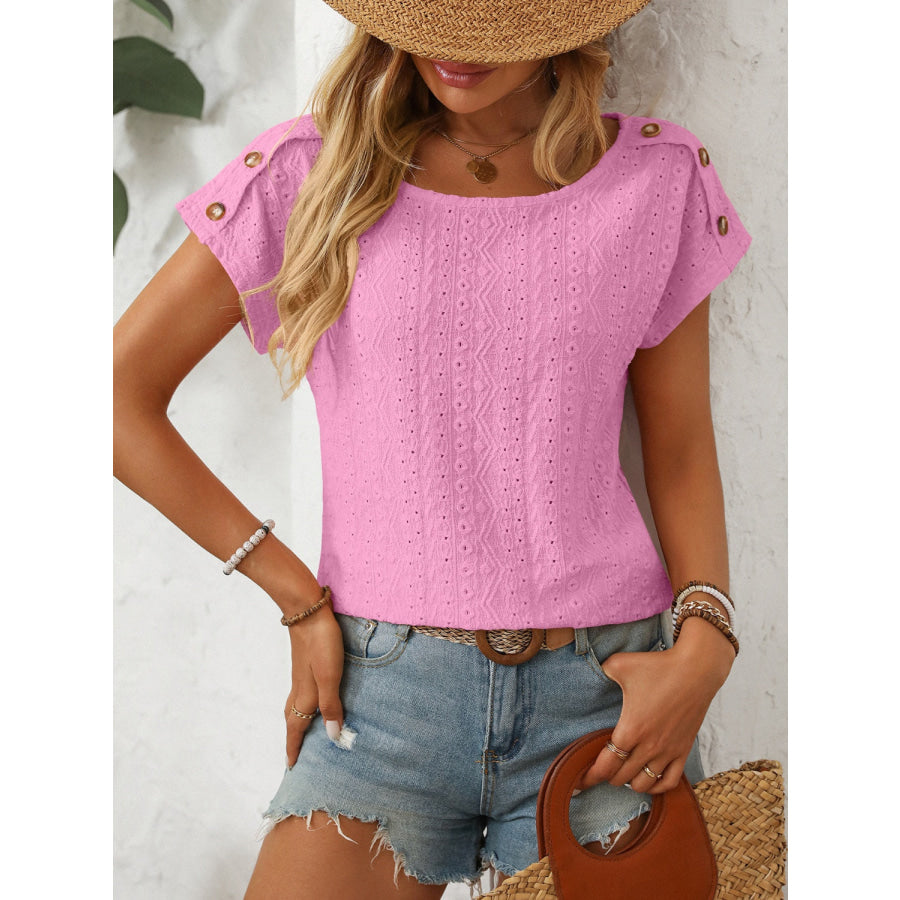 Mandy Eyelet Round Neck Short Sleeve Top Apparel and Accessories