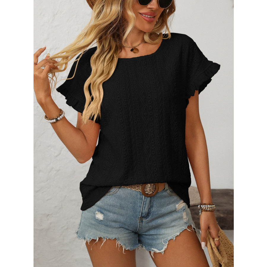 Mandy Eyelet Round Neck Short Sleeve Top Apparel and Accessories