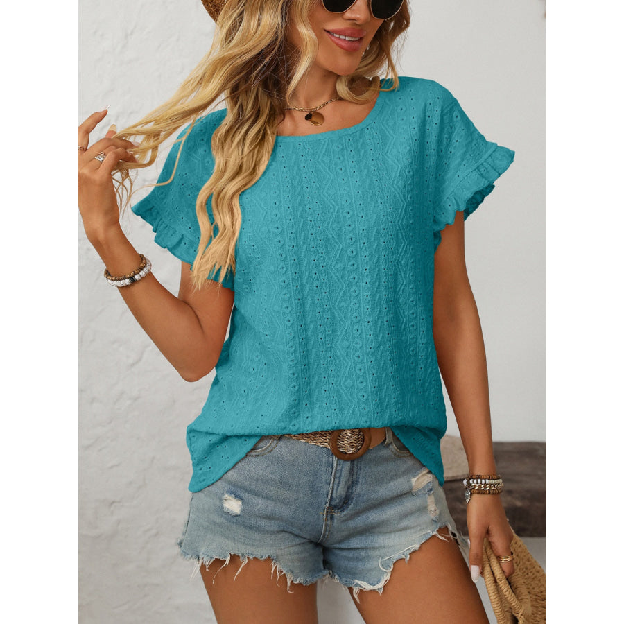 Mandy Eyelet Round Neck Short Sleeve Top Apparel and Accessories