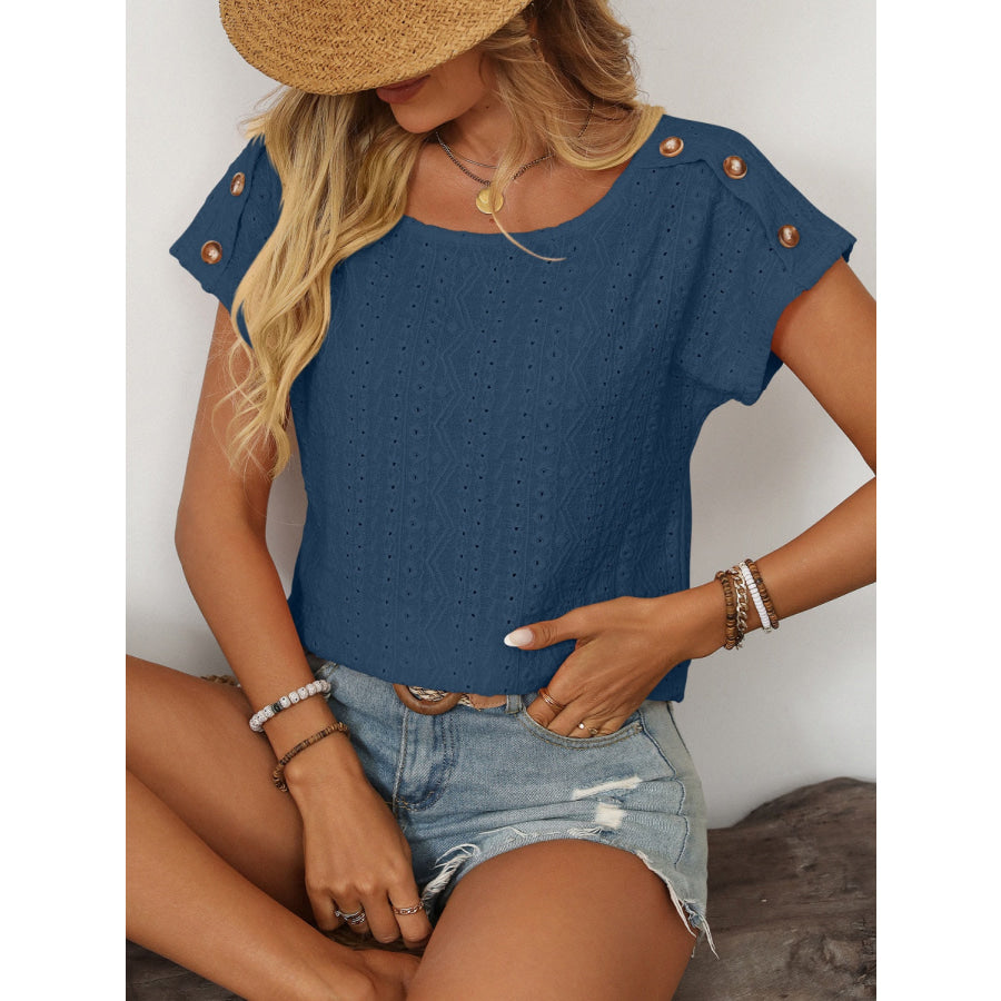 Mandy Eyelet Round Neck Short Sleeve Top Apparel and Accessories