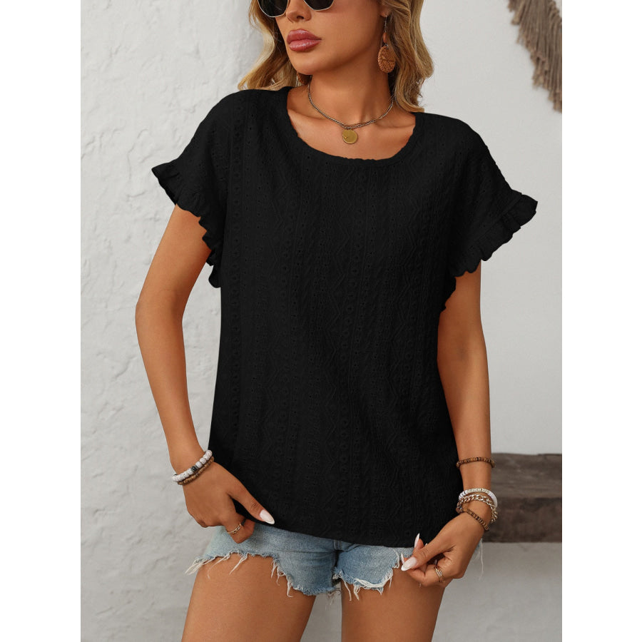 Mandy Eyelet Round Neck Short Sleeve Top Black / S Apparel and Accessories