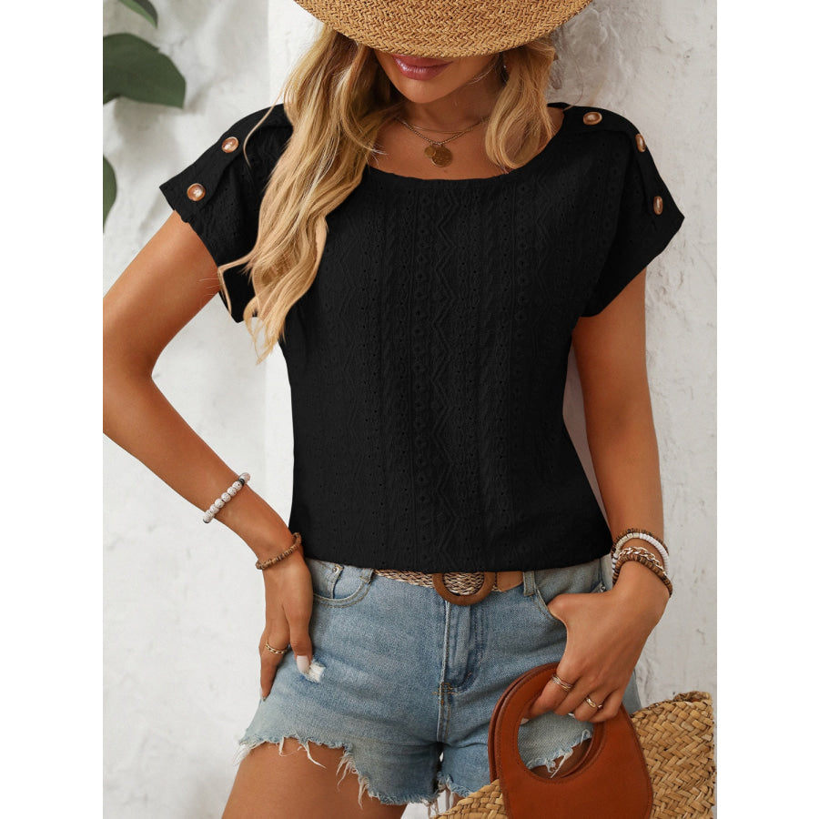 Mandy Eyelet Round Neck Short Sleeve Top Black / S Apparel and Accessories